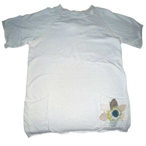 Lost Petal Linens White Tunic Tee Shirt Dress With Front Pockets & Sunflower L - Picture 1 of 10